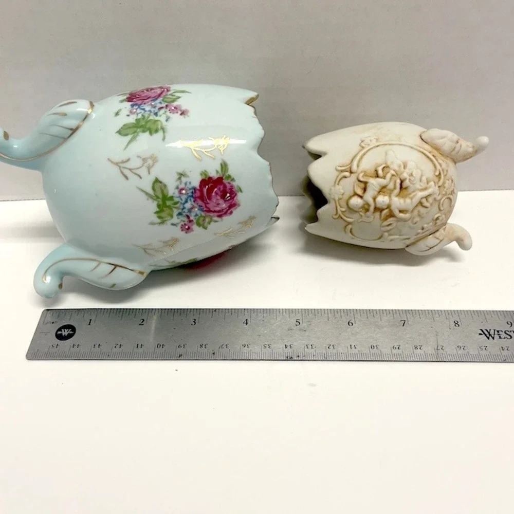2 Vtg Footed Cracked Egg Vases Napcoware Floral & Lefton Bisque Cherub Japan